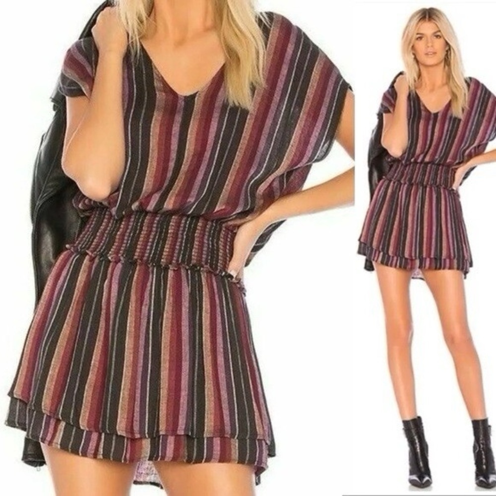 Rails Lucca Brava Stripe Mini Dress Smocked V-Neck Linen Blend Size Small